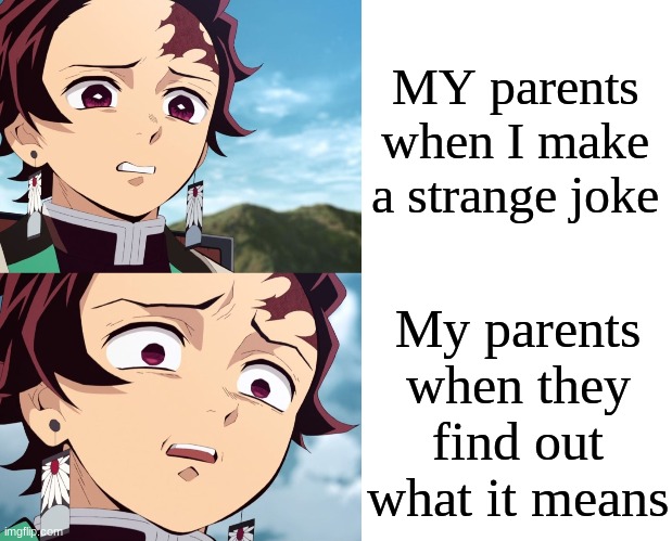 This didn't happen to me it happened to my friend | MY parents when I make a strange joke; My parents when they find out what it means | image tagged in tanjiro disgusted to even more disgusted | made w/ Imgflip meme maker