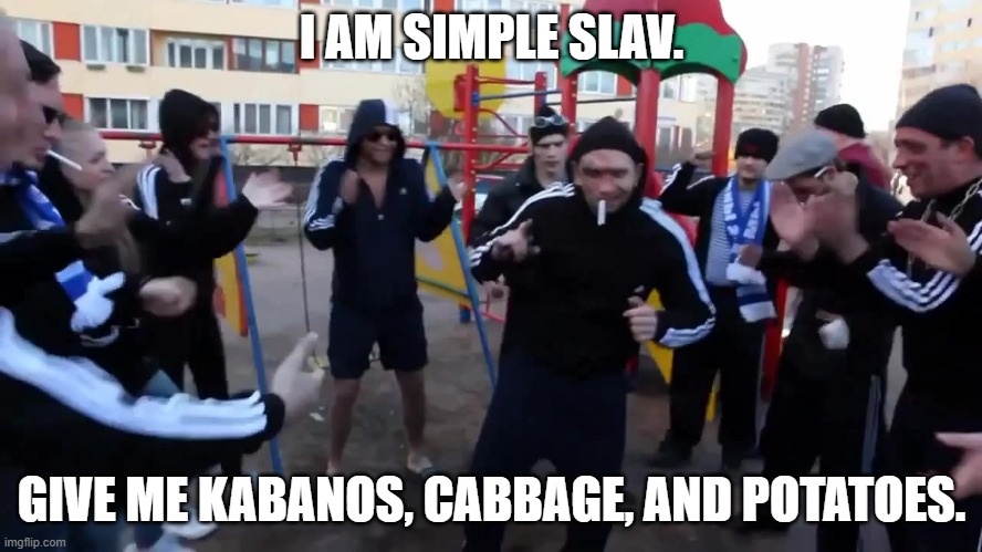 slav party | I AM SIMPLE SLAV. GIVE ME KABANOS, CABBAGE, AND POTATOES. | image tagged in slav party | made w/ Imgflip meme maker