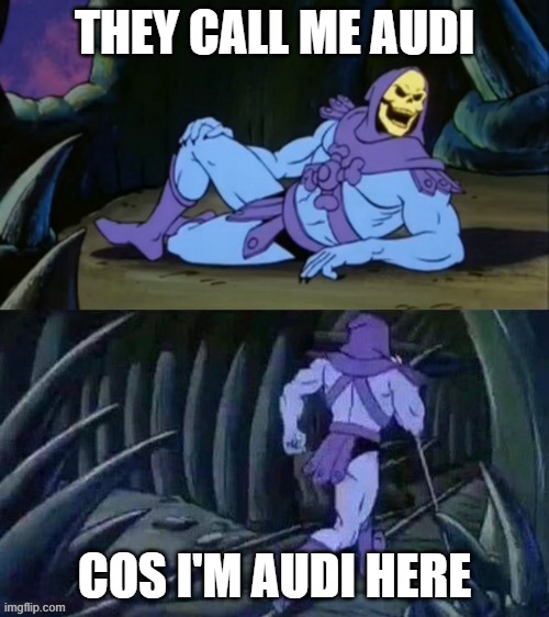 Audi here | THEY CALL ME AUDI; COS I'M AUDI HERE | image tagged in skeletor disturbing facts | made w/ Imgflip meme maker