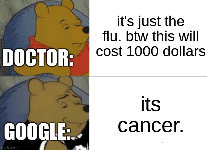 Tuxedo Winnie The Pooh | it's just the flu. btw this will cost 1000 dollars; DOCTOR:; its cancer. GOOGLE: | image tagged in memes,tuxedo winnie the pooh | made w/ Imgflip meme maker