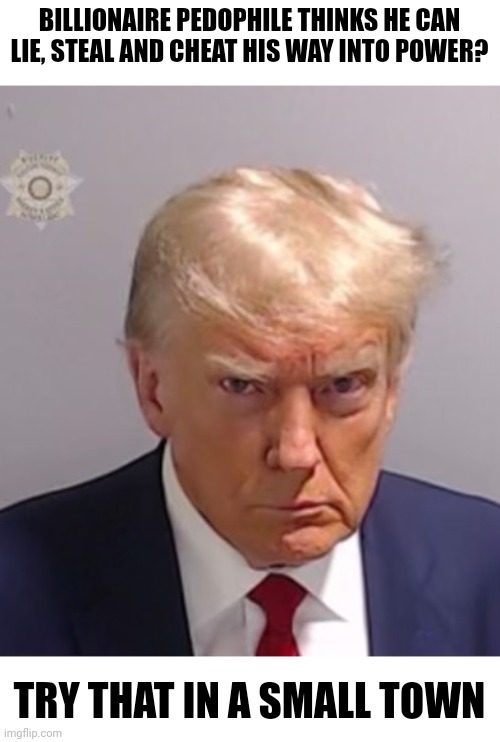 Donald Trump Mugshot | BILLIONAIRE PEDOPHILE THINKS HE CAN LIE, STEAL AND CHEAT HIS WAY INTO POWER? TRY THAT IN A SMALL TOWN | image tagged in donald trump mugshot,scumbag republicans,terrorists,terrorism,conservative hypocrisy,simps | made w/ Imgflip meme maker