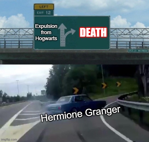 XD | Expulsion from Hogwarts; DEATH; Hermione Granger | image tagged in memes,left exit 12 off ramp | made w/ Imgflip meme maker