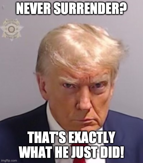 Master of Irony | NEVER SURRENDER? THAT'S EXACTLY WHAT HE JUST DID! | image tagged in donald trump mugshot | made w/ Imgflip meme maker
