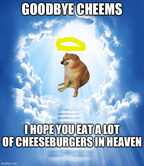 Heaven | GOODBYE CHEEMS; I HOPE YOU EAT A LOT OF CHEESEBURGERS IN HEAVEN | image tagged in heaven | made w/ Imgflip meme maker