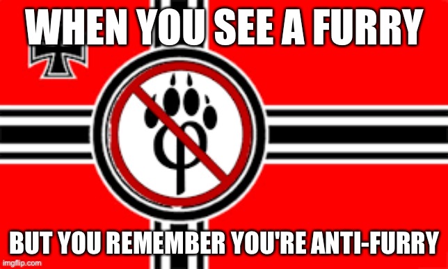 anti furry flag | WHEN YOU SEE A FURRY; BUT YOU REMEMBER YOU'RE ANTI-FURRY | image tagged in anti furry flag | made w/ Imgflip meme maker