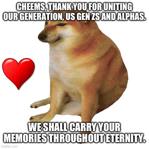 We will miss you, Cheems. | CHEEMS, THANK YOU FOR UNITING OUR GENERATION, US GEN ZS AND ALPHAS. WE SHALL CARRY YOUR MEMORIES THROUGHOUT ETERNITY. | image tagged in cheems | made w/ Imgflip meme maker