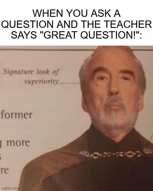 Signature Look of superiority | WHEN YOU ASK A QUESTION AND THE TEACHER SAYS "GREAT QUESTION!": | image tagged in signature look of superiority | made w/ Imgflip meme maker