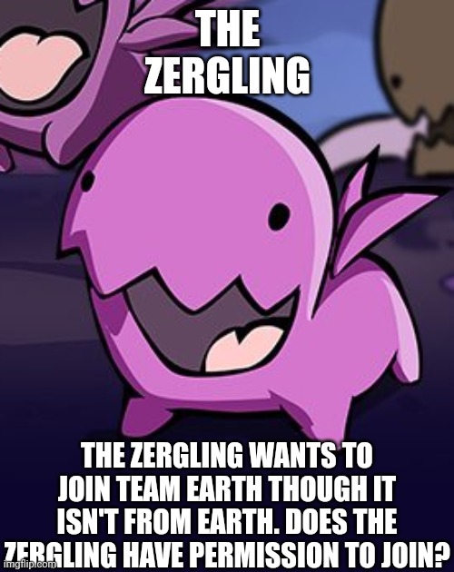 THE ZERGLING; THE ZERGLING WANTS TO JOIN TEAM EARTH THOUGH IT ISN'T FROM EARTH. DOES THE ZERGLING HAVE PERMISSION TO JOIN? | made w/ Imgflip meme maker