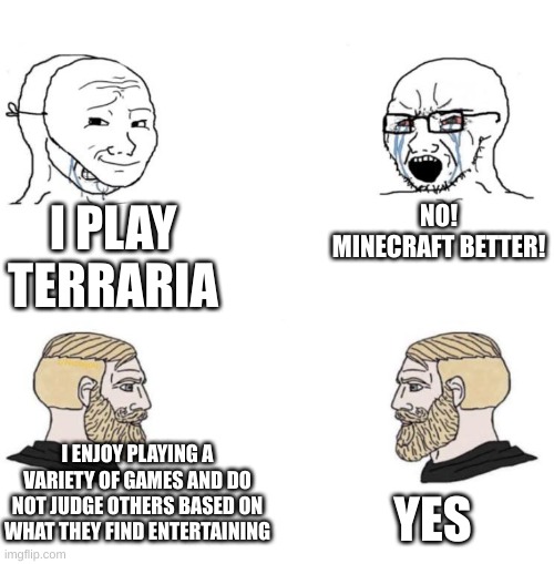?? | I PLAY TERRARIA; NO! MINECRAFT BETTER! I ENJOY PLAYING A VARIETY OF GAMES AND DO NOT JUDGE OTHERS BASED ON WHAT THEY FIND ENTERTAINING; YES | image tagged in chad we know | made w/ Imgflip meme maker