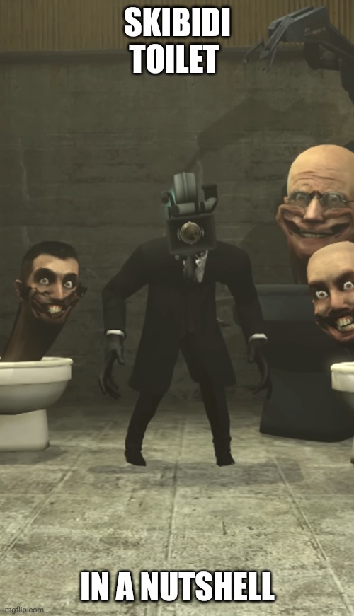 Skibidi Toilets and Cameraman staring at you | SKIBIDI TOILET IN A NUTSHELL | image tagged in skibidi toilets and cameraman staring at you | made w/ Imgflip meme maker