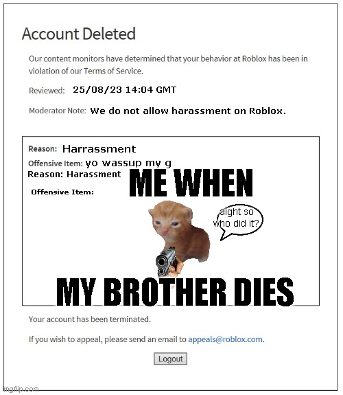 bro | 25/08/23 14:04 GMT; We do not allow harassment on Roblox. Harrassment; yo wassup my g; ME WHEN; Reason: Harassment; Offensive Item:; aight so who did it? MY BROTHER DIES | image tagged in banned from roblox | made w/ Imgflip meme maker