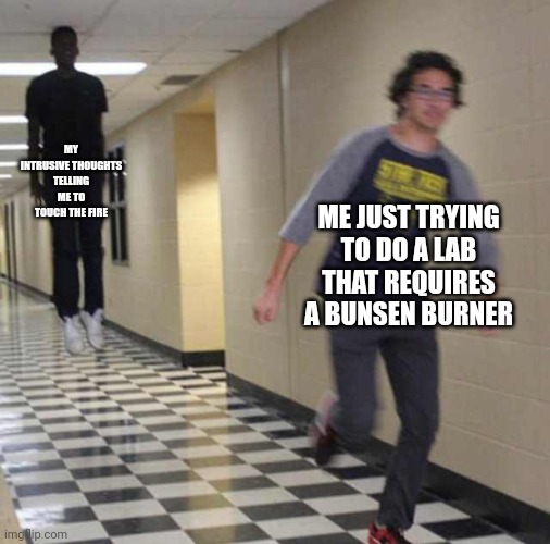 Why | MY INTRUSIVE THOUGHTS TELLING ME TO TOUCH THE FIRE; ME JUST TRYING TO DO A LAB THAT REQUIRES A BUNSEN BURNER | image tagged in floating boy chasing running boy,intrusive thoughts,burn,chemistry | made w/ Imgflip meme maker