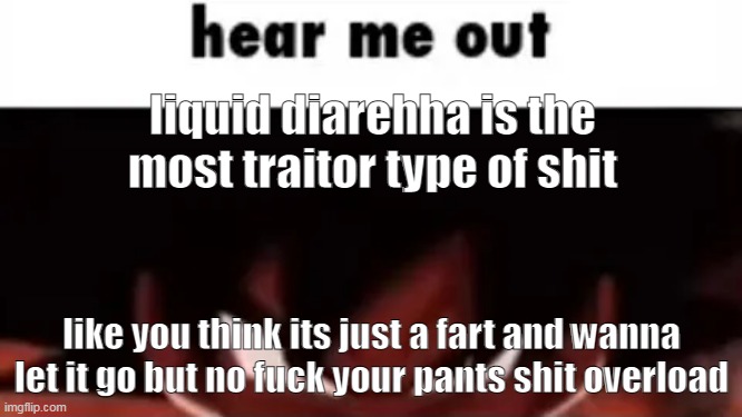 thanks for coming to my weird usual posts | liquid diarehha is the most traitor type of shit; like you think its just a fart and wanna let it go but no fuck your pants shit overload | image tagged in hear me out | made w/ Imgflip meme maker