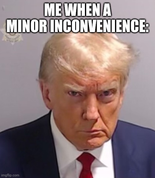 Title | ME WHEN A MINOR INCONVENIENCE: | image tagged in donald trump mugshot | made w/ Imgflip meme maker