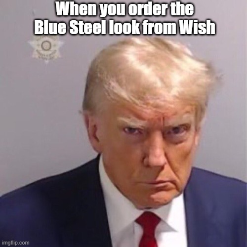 Trump mug shot | When you order the Blue Steel look from Wish | image tagged in blue steel,trump mug shot | made w/ Imgflip meme maker
