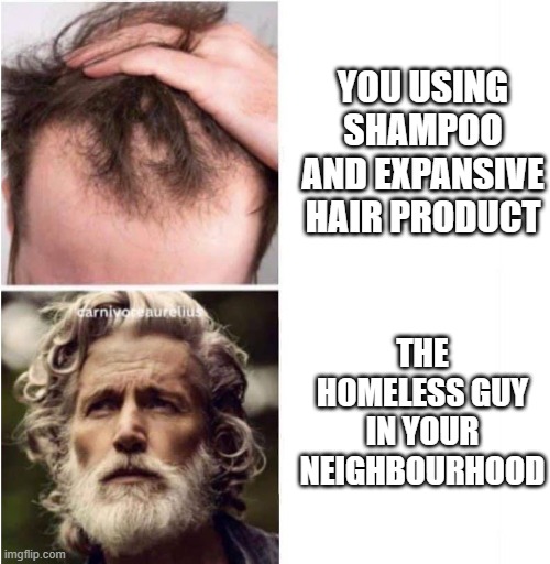 Hair loss | YOU USING SHAMPOO AND EXPANSIVE HAIR PRODUCT; THE HOMELESS GUY IN YOUR NEIGHBOURHOOD | image tagged in losing,hair,homeless | made w/ Imgflip meme maker