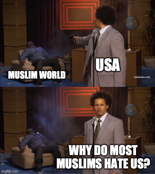 Who Killed Hannibal Meme | USA; MUSLIM WORLD; WHY DO MOST MUSLIMS HATE US? | image tagged in memes,who killed hannibal | made w/ Imgflip meme maker