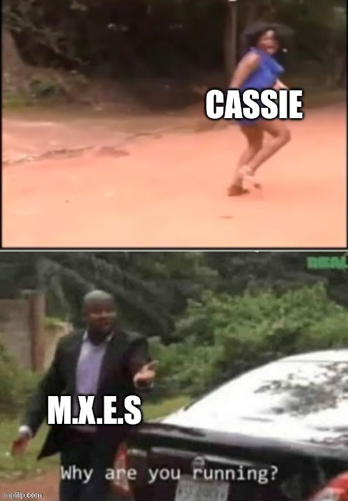 Why are you running? | CASSIE M.X.E.S | image tagged in why are you running | made w/ Imgflip meme maker