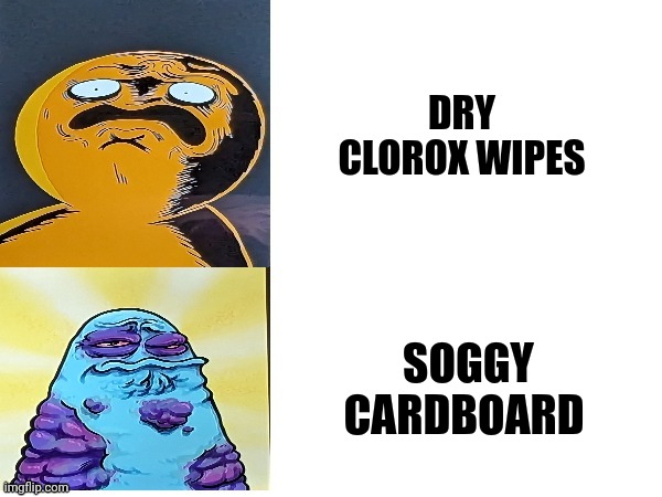 What's worse??? Dry Clorox wipes or soggy cardboard??? | DRY CLOROX WIPES; SOGGY CARDBOARD | image tagged in boggo and boe gross faces | made w/ Imgflip meme maker