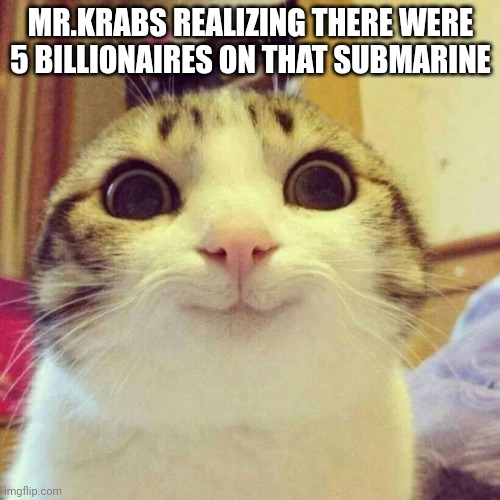 Smiling Cat Meme | MR.KRABS REALIZING THERE WERE 5 BILLIONAIRES ON THAT SUBMARINE | image tagged in memes,smiling cat | made w/ Imgflip meme maker