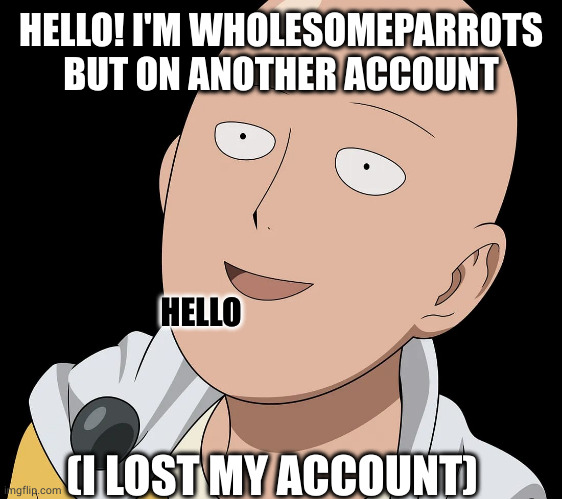 I'm back! | HELLO! I'M WHOLESOMEPARROTS BUT ON ANOTHER ACCOUNT; HELLO; (I LOST MY ACCOUNT) | image tagged in funny,sad but true,i'm back | made w/ Imgflip meme maker