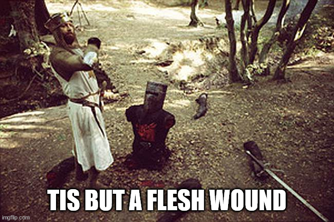 Monty Python: Black Knight | TIS BUT A FLESH WOUND | image tagged in monty python black knight | made w/ Imgflip meme maker