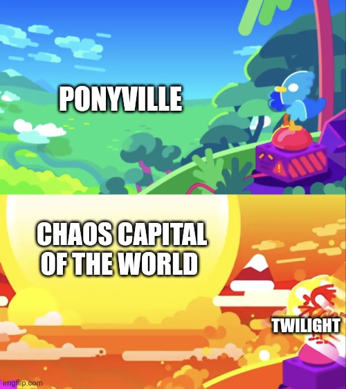 Ponyville, chaos capital of the world | PONYVILLE; CHAOS CAPITAL OF THE WORLD; TWILIGHT | image tagged in kurzgesagt explosion,mlp fim | made w/ Imgflip meme maker