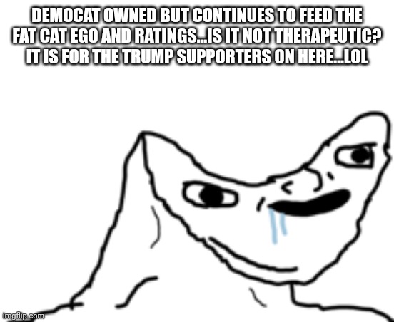 Dumb Wojak | DEMOCAT OWNED BUT CONTINUES TO FEED THE FAT CAT EGO AND RATINGS...IS IT NOT THERAPEUTIC?
IT IS FOR THE TRUMP SUPPORTERS ON HERE...LOL | image tagged in dumb wojak | made w/ Imgflip meme maker
