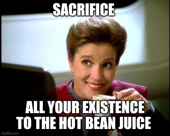 When you dedicate too much of your life to coffee | SACRIFICE; ALL YOUR EXISTENCE TO THE HOT BEAN JUICE | image tagged in captain janeway coffee cup,coffee addict,coffee,star trek,jpfan102504 | made w/ Imgflip meme maker