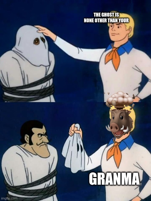 Scooby doo mask reveal | THE GHOST IS NONE OTHER THAN YOUR; GRANMA | image tagged in scooby doo mask reveal,shaggy this isnt weed fred scooby doo | made w/ Imgflip meme maker