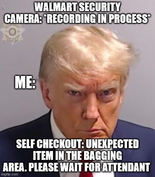 Donald Trump Mugshot | WALMART SECURITY CAMERA: *RECORDING IN PROGESS*; ME:; SELF CHECKOUT: UNEXPECTED ITEM IN THE BAGGING AREA. PLEASE WAIT FOR ATTENDANT | image tagged in donald trump mugshot | made w/ Imgflip meme maker