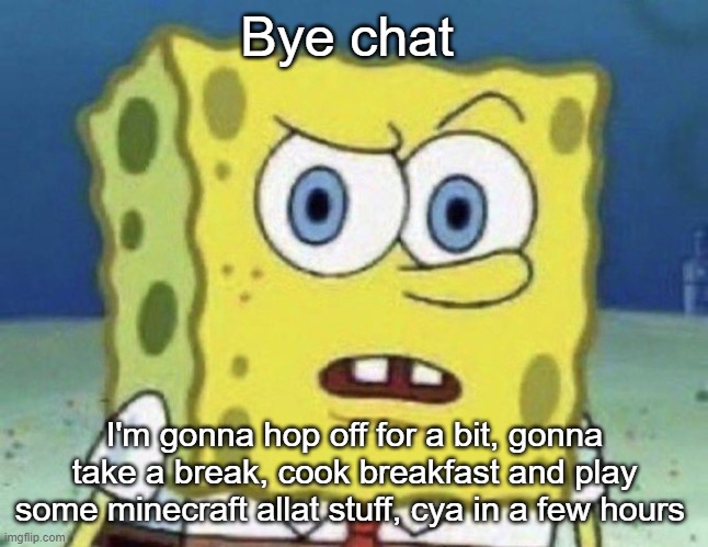 confused spongebob | Bye chat; I'm gonna hop off for a bit, gonna take a break, cook breakfast and play some minecraft allat stuff, cya in a few hours | image tagged in confused spongebob | made w/ Imgflip meme maker