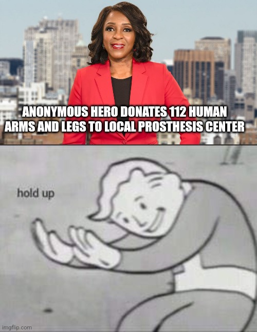 ANONYMOUS HERO DONATES 112 HUMAN ARMS AND LEGS TO LOCAL PROSTHESIS CENTER | image tagged in fallout hold up | made w/ Imgflip meme maker