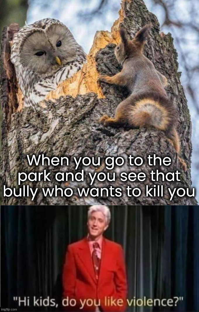 Meeting your enemy face to face | When you go to the park and you see that bully who wants to kill you | image tagged in bully,killer,park,enemy | made w/ Imgflip meme maker