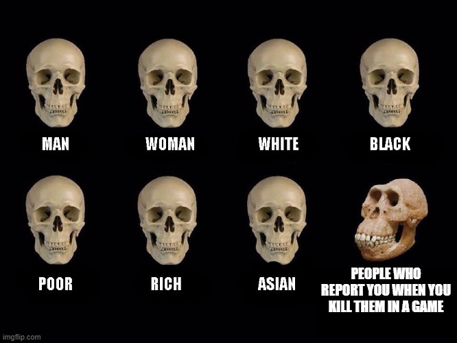 empty skulls of truth | PEOPLE WHO REPORT YOU WHEN YOU KILL THEM IN A GAME | image tagged in empty skulls of truth,skulls,anger,video games | made w/ Imgflip meme maker