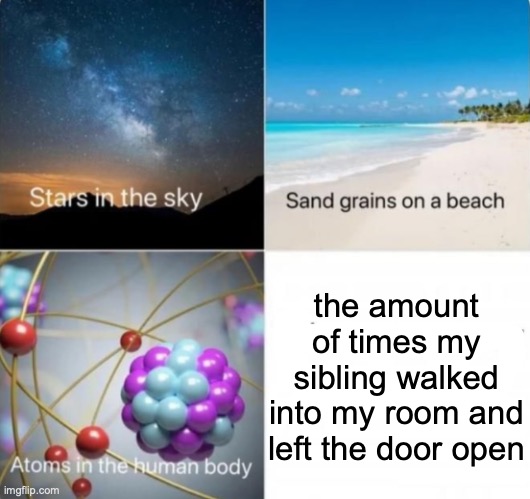 this is very annoying | the amount of times my sibling walked into my room and left the door open | image tagged in impossible things to count | made w/ Imgflip meme maker