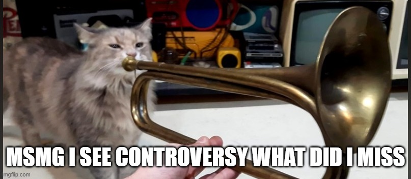 Cat playing Trumpet | MSMG I SEE CONTROVERSY WHAT DID I MISS | image tagged in cat playing trumpet | made w/ Imgflip meme maker