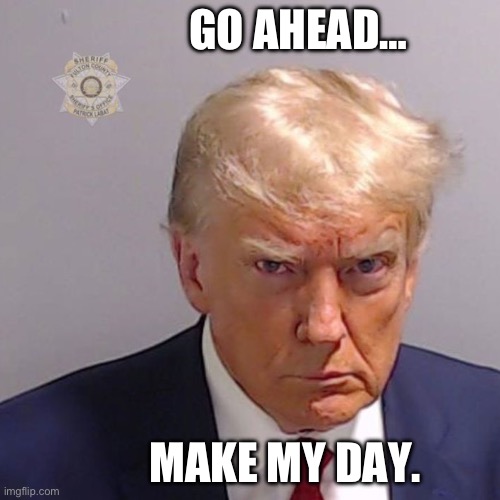 Trump Mug Shot | GO AHEAD…; MAKE MY DAY. | image tagged in donald trump,trump indicated,trump mug shot | made w/ Imgflip meme maker