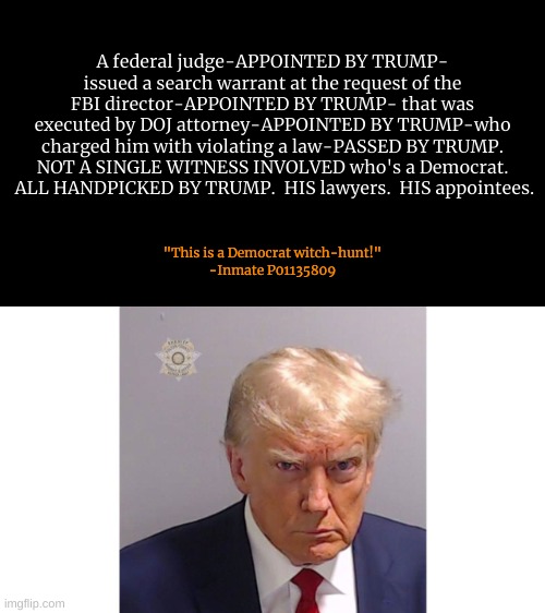 P01135809 | A federal judge-APPOINTED BY TRUMP- issued a search warrant at the request of the FBI director-APPOINTED BY TRUMP- that was executed by DOJ attorney-APPOINTED BY TRUMP-who charged him with violating a law-PASSED BY TRUMP.
NOT A SINGLE WITNESS INVOLVED who's a Democrat.  ALL HANDPICKED BY TRUMP.  HIS lawyers.  HIS appointees. "This is a Democrat witch-hunt!"
-Inmate P01135809 | image tagged in p01135809 | made w/ Imgflip meme maker