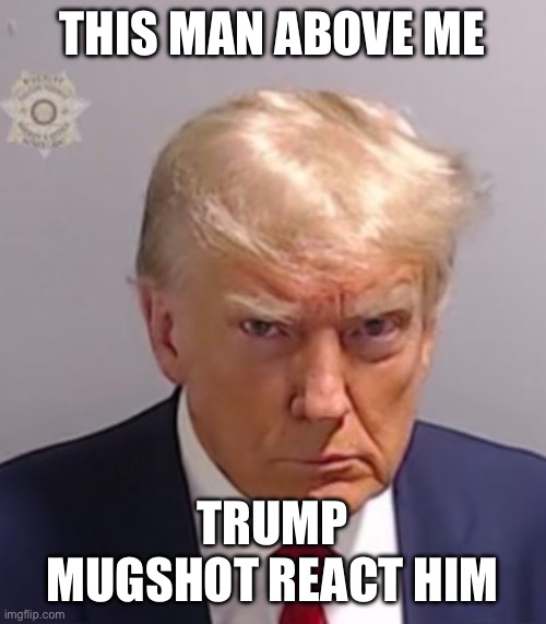Donald Trump Mugshot | THIS MAN ABOVE ME; TRUMP MUGSHOT REACT HIM | image tagged in donald trump mugshot | made w/ Imgflip meme maker