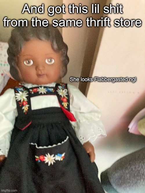 And got this lil shit from the same thrift store; She looks Flabbergasted ngl | made w/ Imgflip meme maker