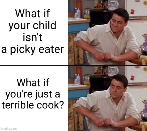 Meme #3,394 | What if your child isn't a picky eater; What if you're just a terrible cook? | image tagged in surprised joey,shower thoughts,memes,children,eating,hmmm | made w/ Imgflip meme maker