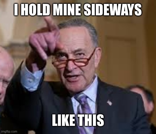 I HOLD MINE SIDEWAYS LIKE THIS | image tagged in schmuck shumer | made w/ Imgflip meme maker