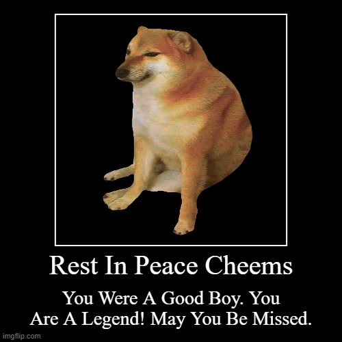 Rest In Peace Cheems | Rest In Peace Cheems | You Were A Good Boy. You Are A Legend! May You Be Missed. | image tagged in funny,demotivationals,cheems,rest in peace,sad,sad but true | made w/ Imgflip demotivational maker