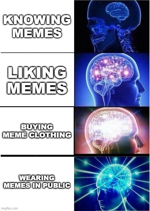 Memes | KNOWING MEMES; LIKING MEMES; BUYING MEME CLOTHING; WEARING MEMES IN PUBLIC | image tagged in memes,expanding brain,clothes,fun,clothing,funny | made w/ Imgflip meme maker