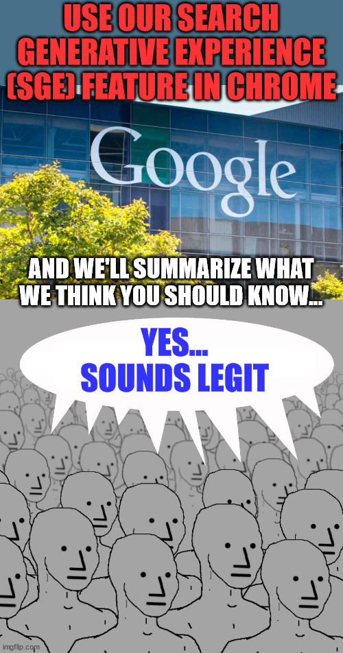 They too stupid to see what's going on... | USE OUR SEARCH GENERATIVE EXPERIENCE (SGE) FEATURE IN CHROME; AND WE'LL SUMMARIZE WHAT WE THINK YOU SHOULD KNOW... YES... SOUNDS LEGIT | image tagged in npc,liberal,sheeple | made w/ Imgflip meme maker