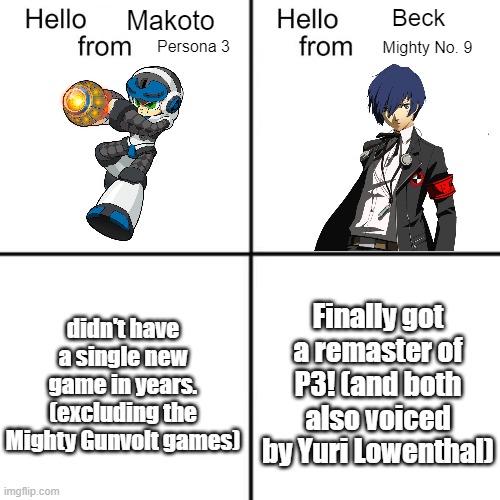 Beck wishes he was on Makoto's place. | Beck; Makoto; Persona 3; Mighty No. 9; Finally got a remaster of P3! (and both also voiced by Yuri Lowenthal); didn't have a single new game in years. (excluding the Mighty Gunvolt games) | image tagged in hello person from,persona,megaman,mightyno9 | made w/ Imgflip meme maker