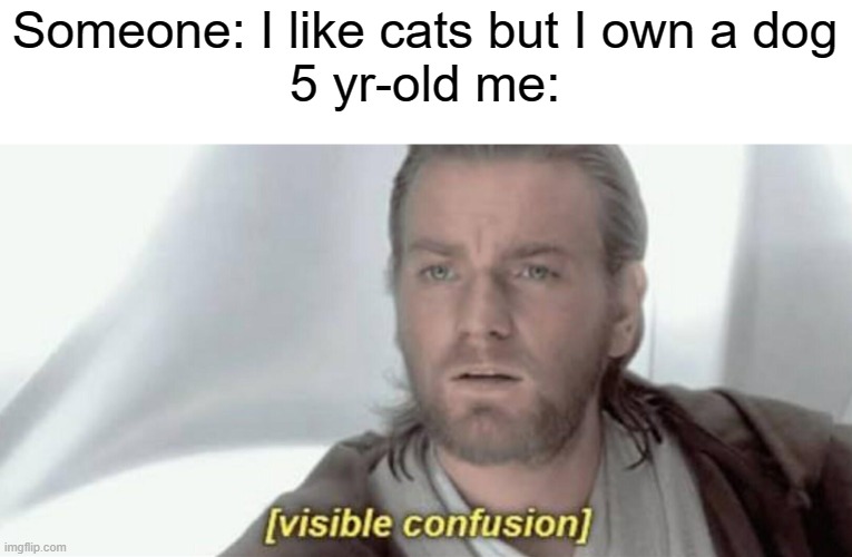 How can one like cats, but have a dog? | Someone: I like cats but I own a dog
5 yr-old me: | image tagged in visible confusion,one does not simply,cats,dogs | made w/ Imgflip meme maker