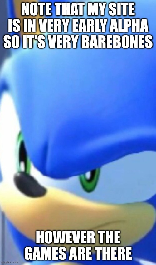 memechat me for link | NOTE THAT MY SITE IS IN VERY EARLY ALPHA SO IT'S VERY BAREBONES; HOWEVER THE GAMES ARE THERE | image tagged in sonic raising eyebrow 2 / 3 | made w/ Imgflip meme maker