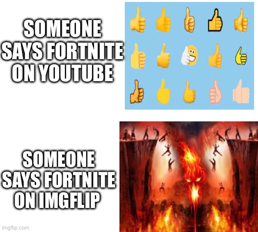 Rip | SOMEONE SAYS FORTNITE ON YOUTUBE; SOMEONE SAYS FORTNITE ON IMGFLIP | image tagged in blank white template,rip | made w/ Imgflip meme maker